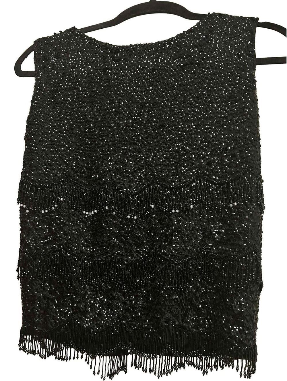 Vintage Banff Ltd. Wool Sequin Beaded Goth Zip Down Vest Size 34 Black